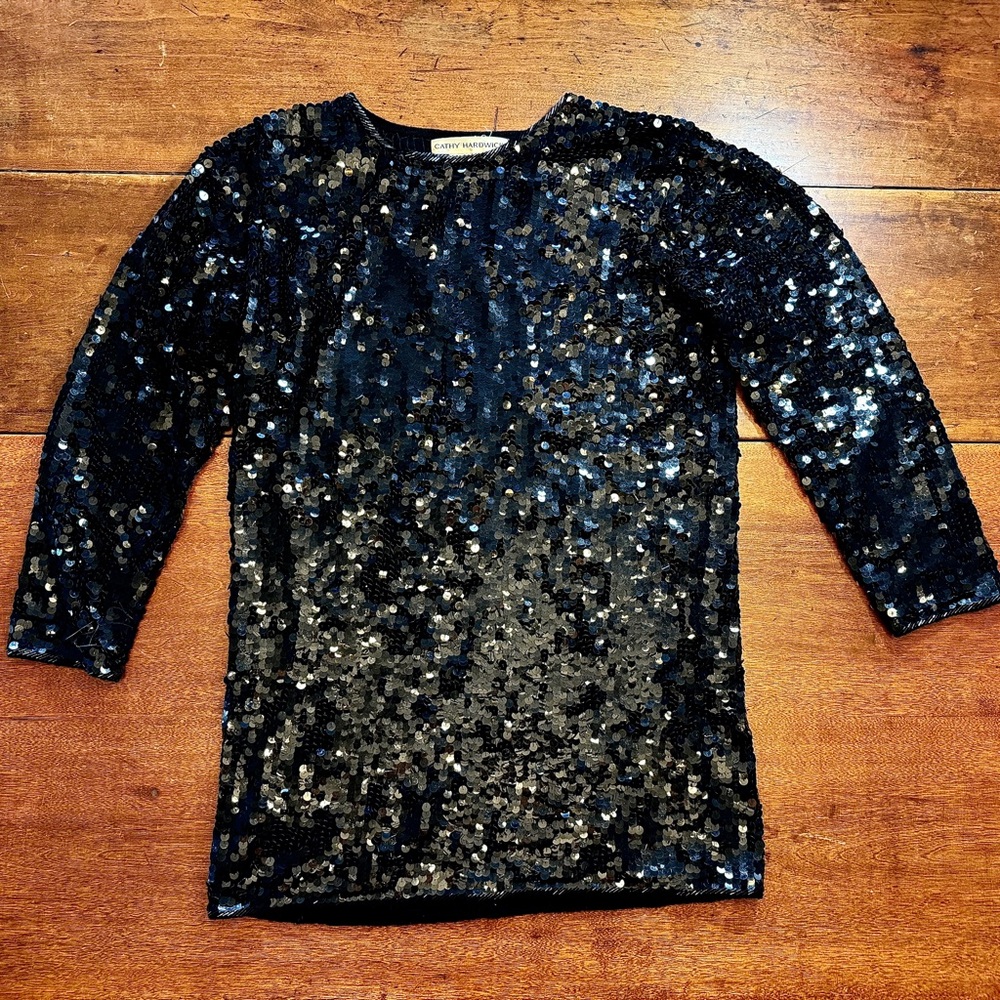 Vintage 90s Cathy Hardwick Black Sequin Beaded Tunic Dress Sz sm Fits 6/8